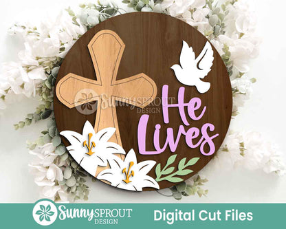 Christian Easter Sign Bundle, Round door hanger svg, Glowforge laser cut file, Cricut, Religious Easter cross svg