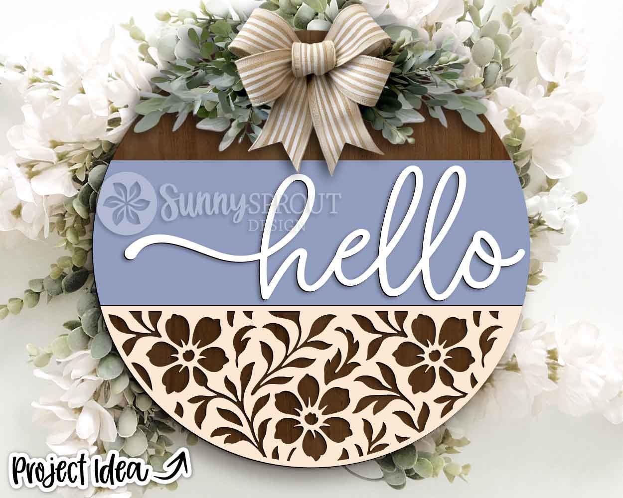Hello Floral Welcome Sign SVG, Digital Download, SVG Laser Cut File, Cricut, Spring Summer Round Door Hanger Design