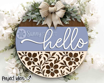 Hello Floral Welcome Sign SVG, Digital Download, SVG Laser Cut File, Cricut, Spring Summer Round Door Hanger Design