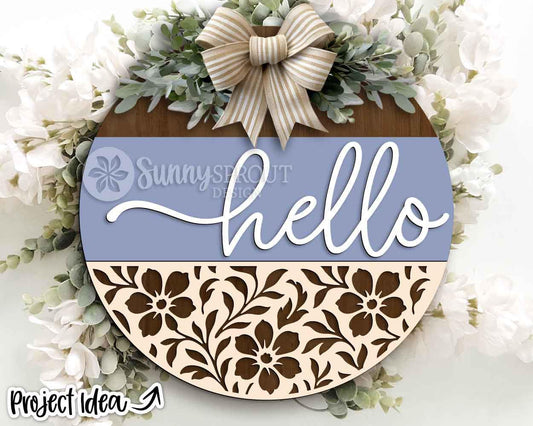 Hello Floral Welcome Sign SVG, Digital Download, SVG Laser Cut File, Cricut, Spring Summer Round Door Hanger Design