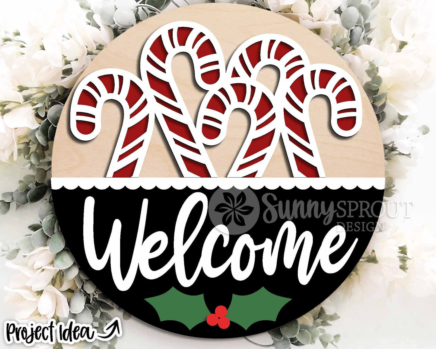 Welcome Candy Cane Sign, Digital Download, SVG Laser Cut File, Cricut, Round Door Hanger Design, Christmas Decor