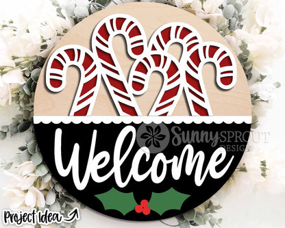 Welcome Candy Cane Sign, Digital Download, SVG Laser Cut File, Cricut, Round Door Hanger Design, Christmas Decor