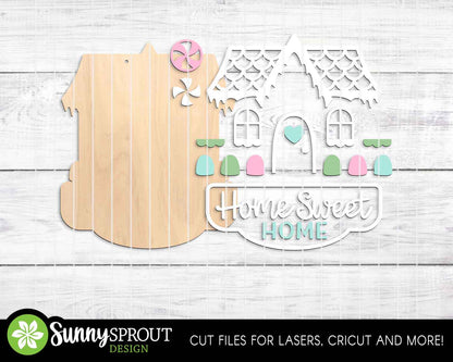 Home Sweet Home Gingerbread House Sign, Digital Download, SVG Laser Cut File, Cricut, Door Hanger Design, Christmas Decor