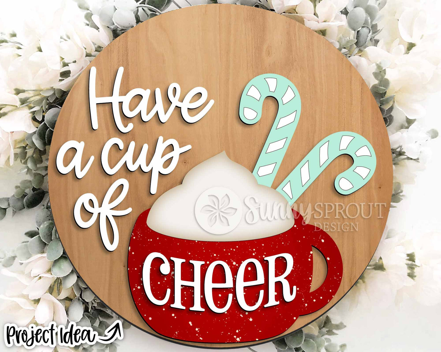 Have a Cup of Cheer Mug Candy Cane Sign, Digital Download, SVG Laser Cut File, Cricut, Round Door Hanger Design, Christmas Decor
