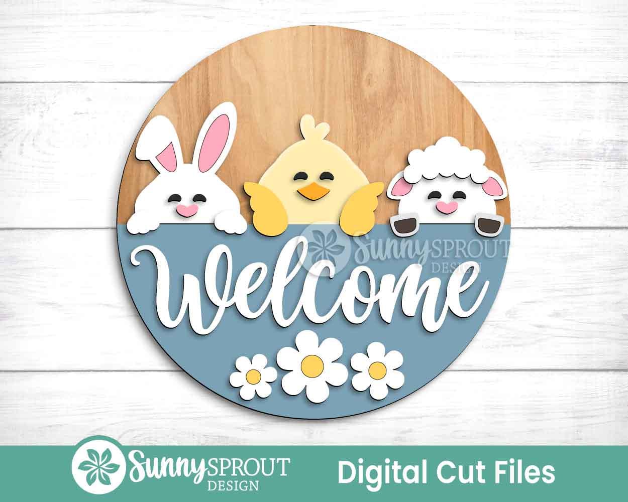 Welcome Bunny Chick & Lamb Sign, Digital download, SVG Laser cut file, Cricut, Round door hanger design, Spring Easter decor