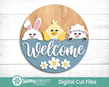 Welcome Bunny Chick & Lamb Sign, Digital download, SVG Laser cut file, Cricut, Round door hanger design, Spring Easter decor