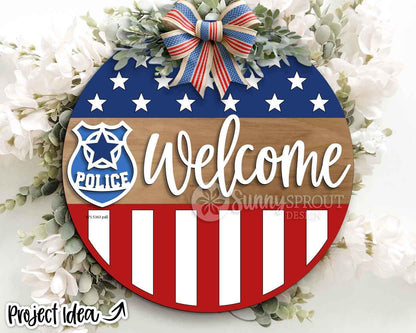 Police Badge American Flag Welcome Sign, Digital Download, Cricut, SVG Laser Cut File, Round Door Hanger Design