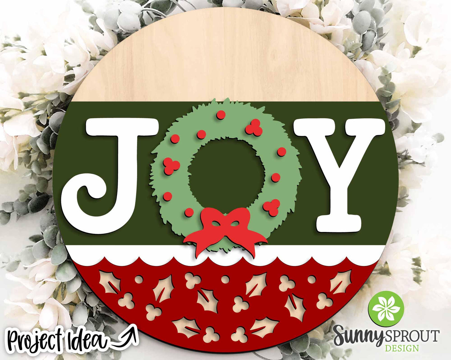 JOY Wreath Holly Pattern Sign, Digital Download, SVG Laser Cut File, Cricut, Round Door Hanger Design, Christmas Decor