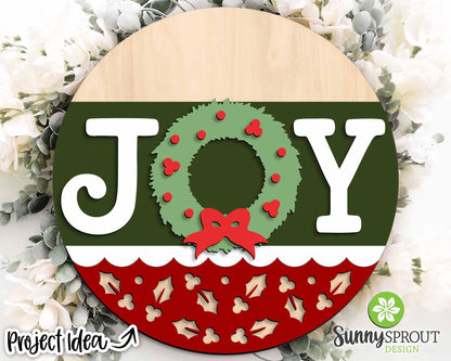 JOY Wreath Holly Pattern Sign, Digital Download, SVG Laser Cut File, Cricut, Round Door Hanger Design, Christmas Decor