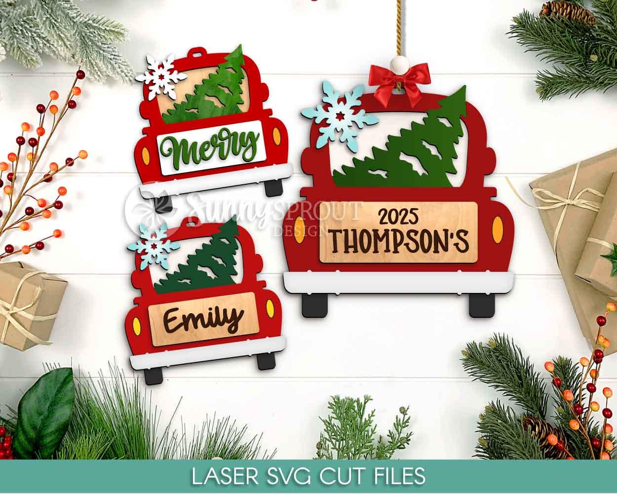 Christmas Tree Old Truck Ornament, Digital download, SVG laser cut file, Cricut, Personalize name farmhouse Christmas design
