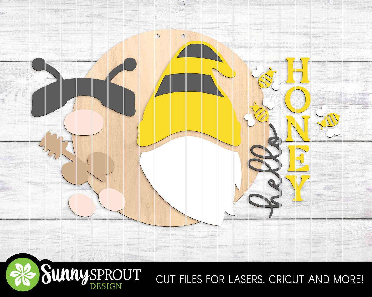 Hello Honey Bee Gnome Sign, Digital Download, SVG Laser Cut File, Cricut, Summer Round Door Hanger Design