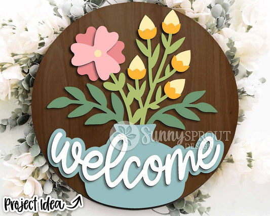 Welcome Flower Vase Sign, Digital download, SVG Laser cut file, Cricut, Round door hanger design, Spring summer decor