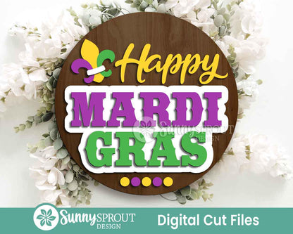 Happy Mardi Gras Fleur de Lis Sign, Digital download, SVG laser cut file, Cricut, Round door hanger design, Easter decor