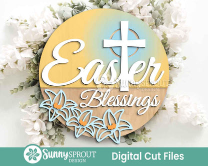 Easter Blessings Cross Lily Sign, Digital download, SVG laser cut file, Cricut, Round door hanger design, Christian Easter decor