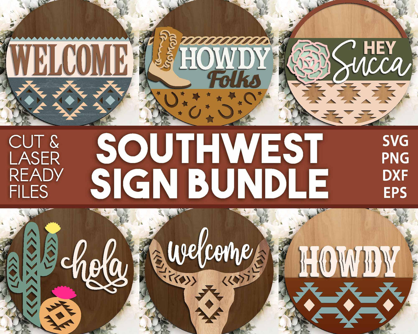 Southwestern Laser Sign Bundle, Round door hanger svg, Glowforge laser file, Cricut, Welcome sign svg, Aztec decor, Cowboy