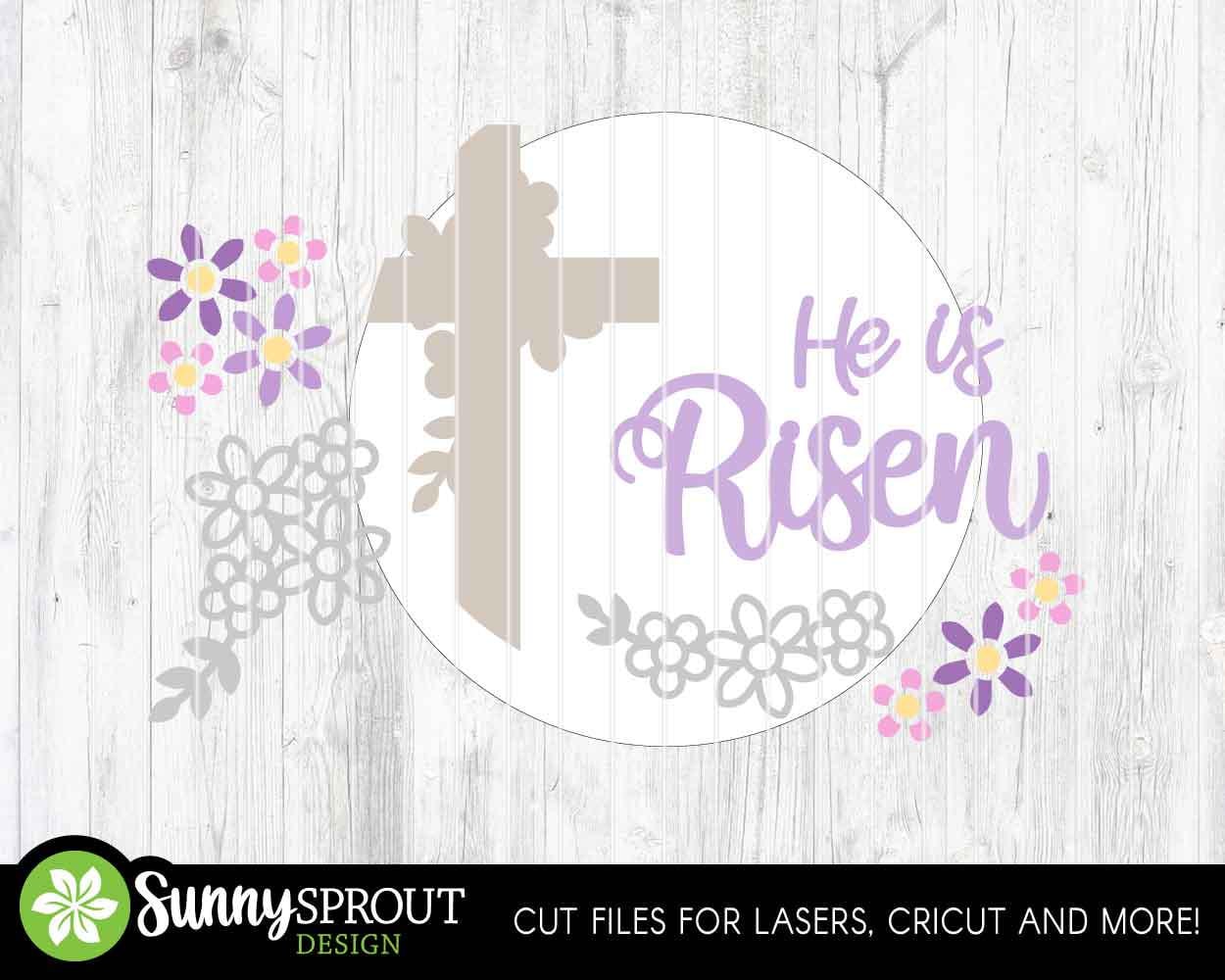 He Is Risen Cross Flowers Sign, Digital download, SVG Laser cut file, Cricut, Round door hanger design, Christian Easter decor