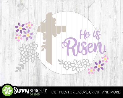 He Is Risen Cross Flowers Sign, Digital download, SVG Laser cut file, Cricut, Round door hanger design, Christian Easter decor
