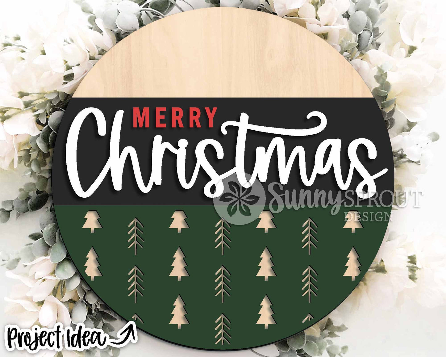 Merry Christmas Modern Tree Pattern Sign, Digital Download, SVG Laser Cut File, Cricut, Round Door Hanger Design