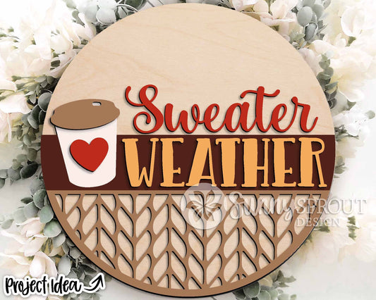Sweater Weather Latte Sign, Digital Download, SVG Laser Cut File, Cricut, Round Fall Door Hanger Design