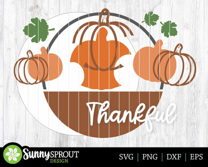 Thankful Three Pumpkins Sign, Digital Download, SVG Laser Cut File, Cricut, Round Thanksgiving Fall Door Hanger Design