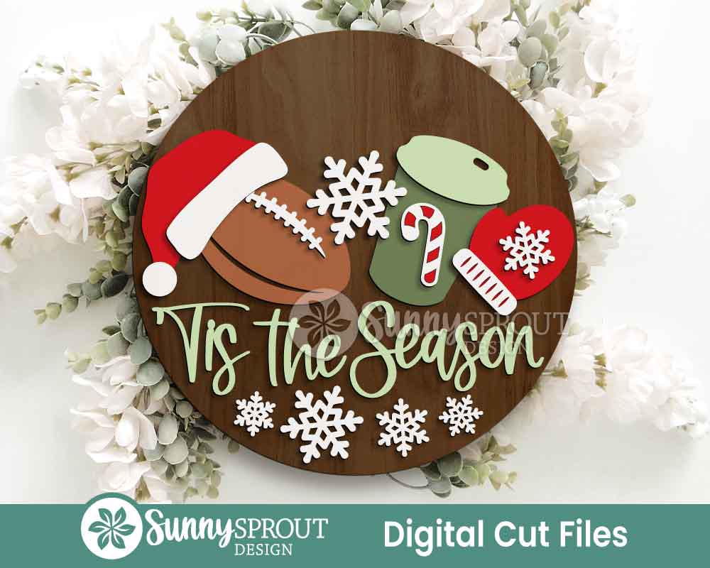 Tis the Season Christmas Football Sign, Digital Download, SVG Laser Cut File, Cricut, Round Door Hanger Design, Christmas Decor