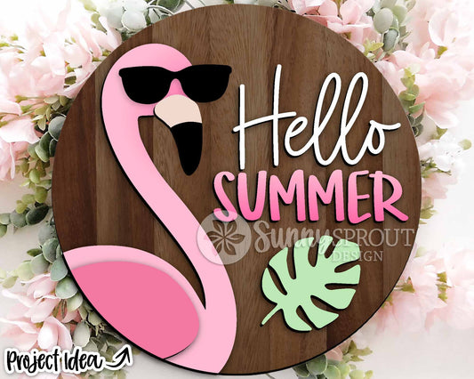 Hello Summer Flamingo Sunglasses Sign, Digital Download, SVG Laser Cut File, Cricut, Round Door Hanger Design