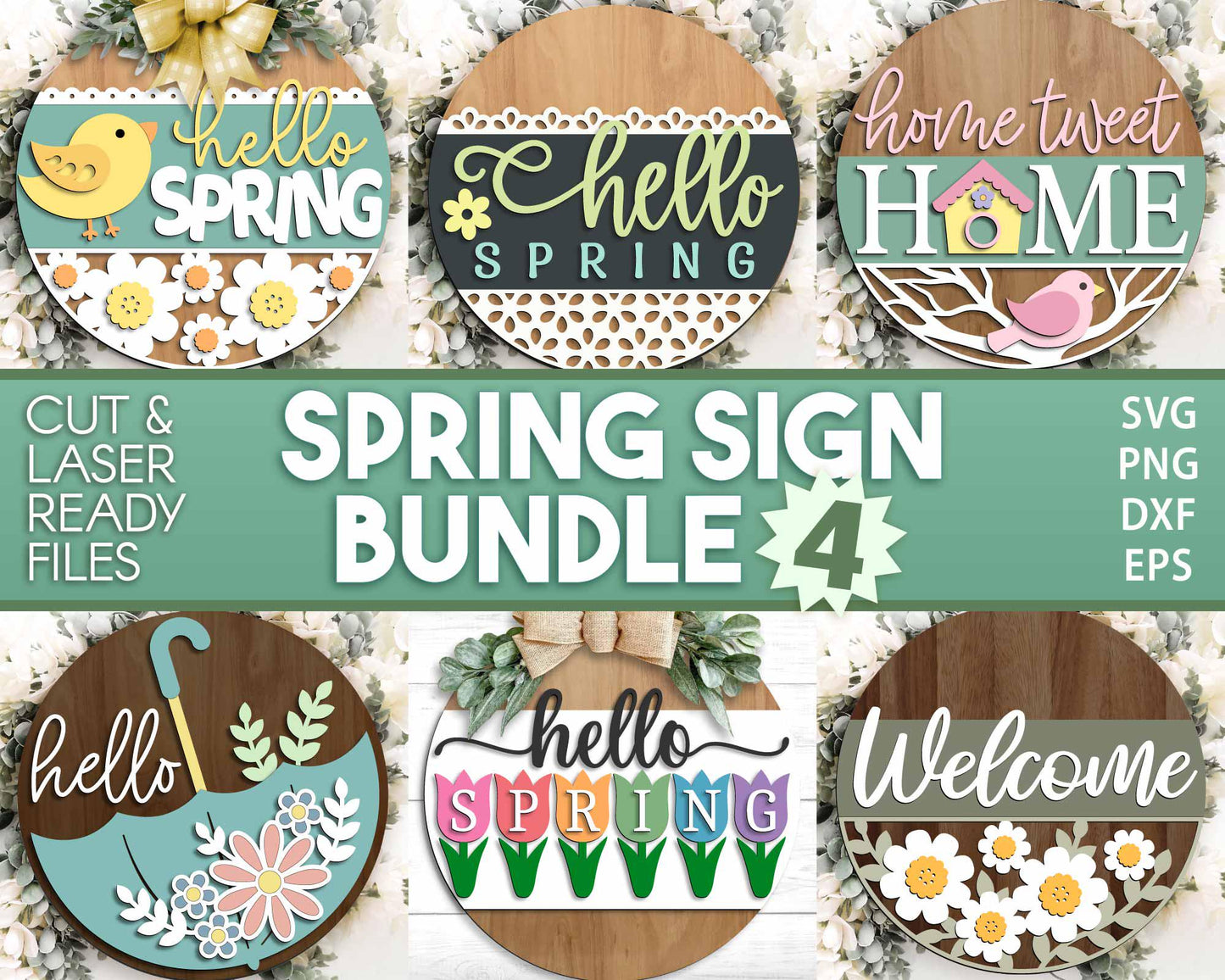 Spring Sign Bundle 4, Round door hanger svg, Glowforge laser file, Cricut, Spring flower welcome sign, Hello Spring