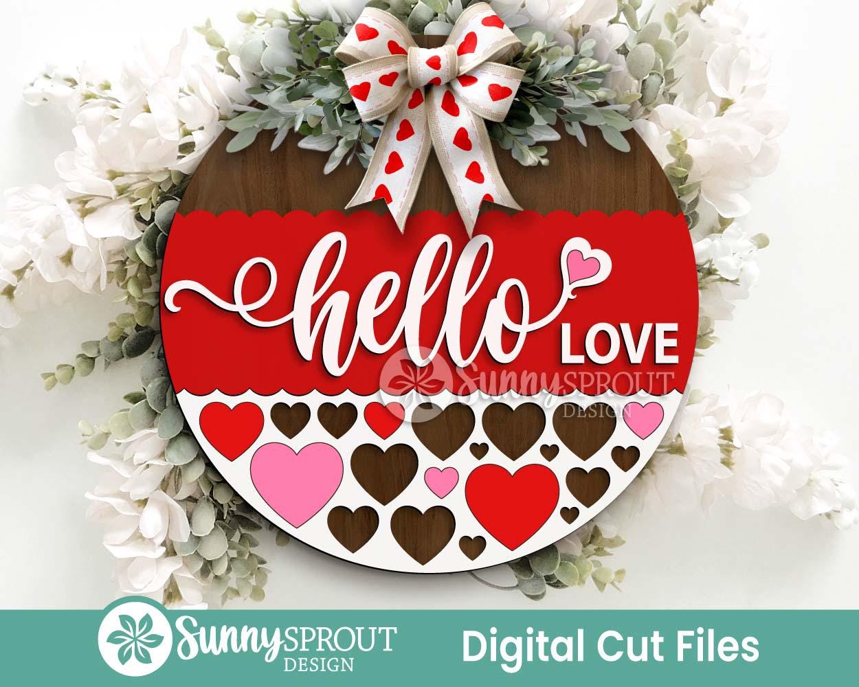 Hello Love Heart Pattern Sign, Digital Download, SVG Laser Cut File, Cricut, Round Door Hanger Design, Valentine's Day Decor