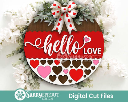 Hello Love Heart Pattern Sign, Digital Download, SVG Laser Cut File, Cricut, Round Door Hanger Design, Valentine's Day Decor