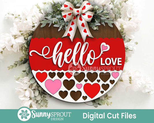 Hello Love Heart Pattern Sign, Digital Download, SVG Laser Cut File, Cricut, Round Door Hanger Design, Valentine's Day Decor