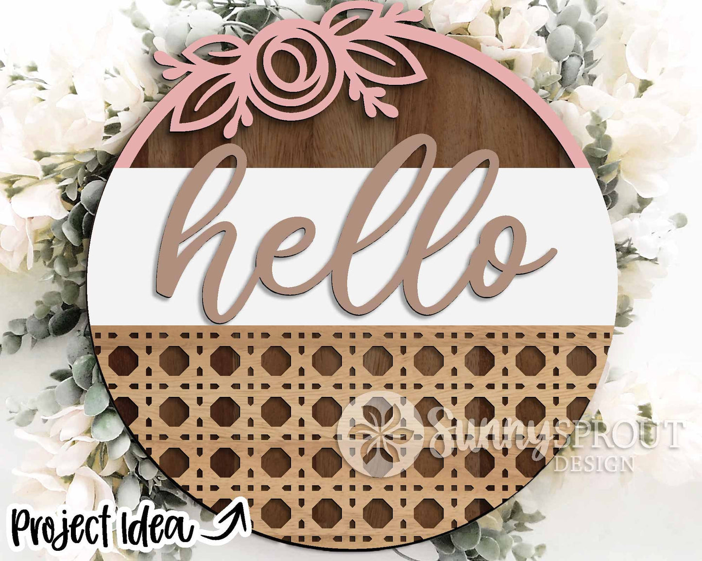 Hello Rattan Pattern Sign, Digital Download, SVG Laser Cut File, Cricut, Floral Farmhouse Round Door Hanger Design