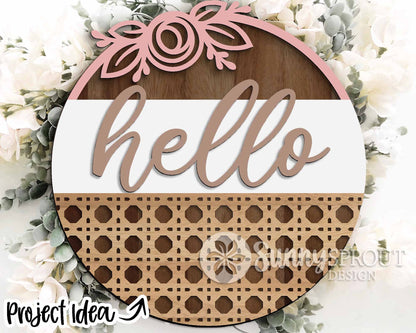 Hello Rattan Pattern Sign, Digital Download, SVG Laser Cut File, Cricut, Floral Farmhouse Round Door Hanger Design