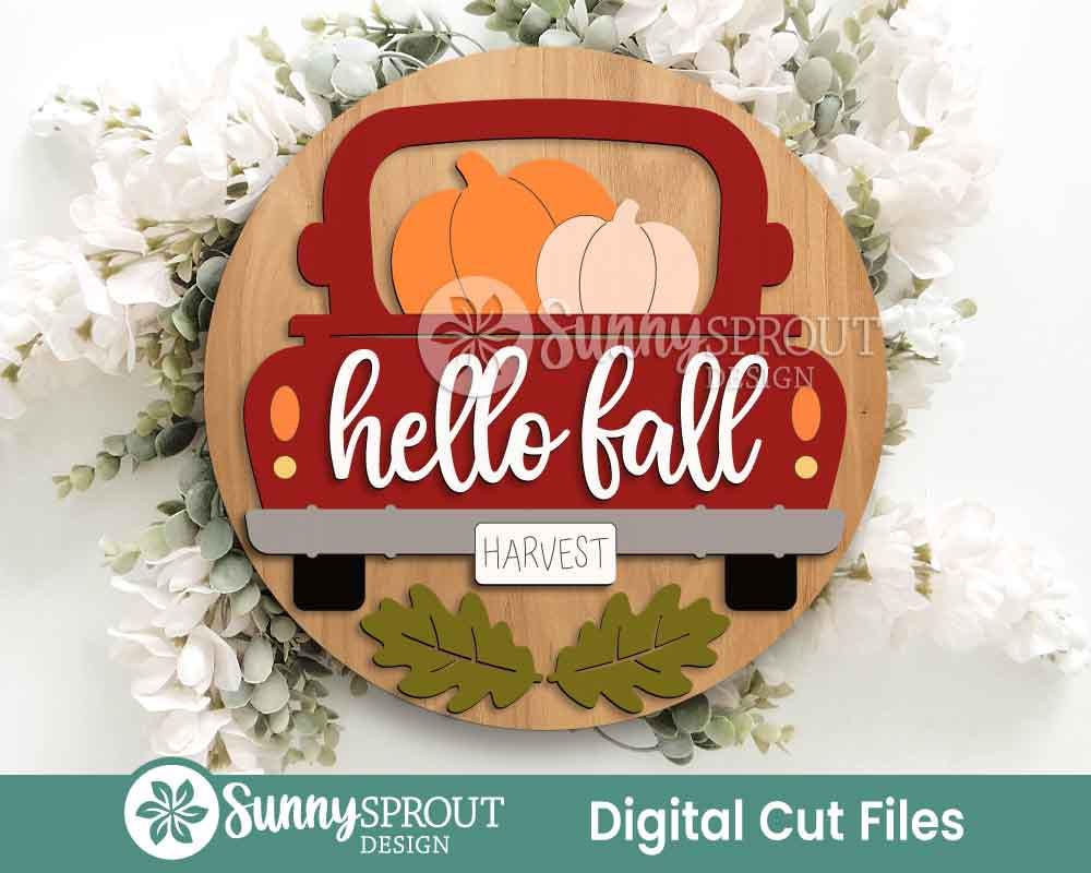 Hello Fall Pumpkin Truck Leaf Sign, Digital Download, SVG Laser Cut File, Cricut, Farmhouse Door Hanger Design