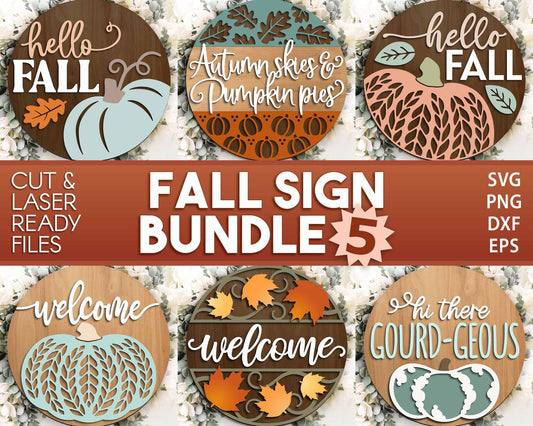 Fall Laser Sign Bundle 5, Round door hanger, Glowforge laser file, Cricut, Autumn welcome sign svg, Hello Fall pumpkin svg