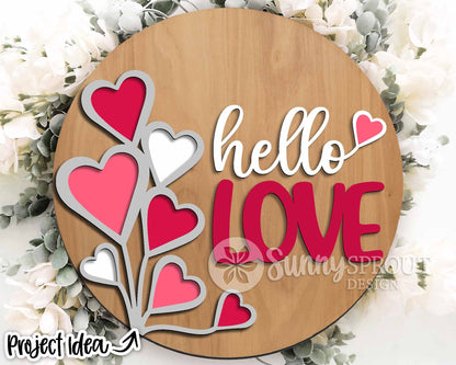 Hello Love Hearts Welcome Sign, Digital Download, SVG Laser Cut File, Cricut, Round Door Hanger Design, Valentine's Day Decor
