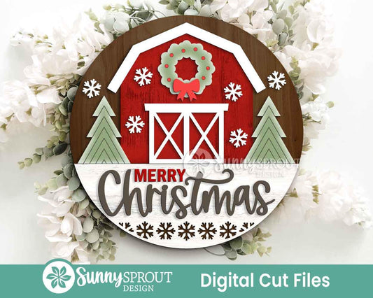 Merry Christmas Barn Wreath Sign, Digital download, SVG laser cut file, Cricut, Round door hanger design, Farmhouse decor