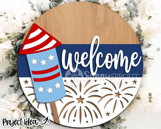 Welcome Patriotic Firecracker Sign, Digital Download, SVG Laser Cut File, Cricut, Round Door Hanger Design, Patriotic 4th of July Decor