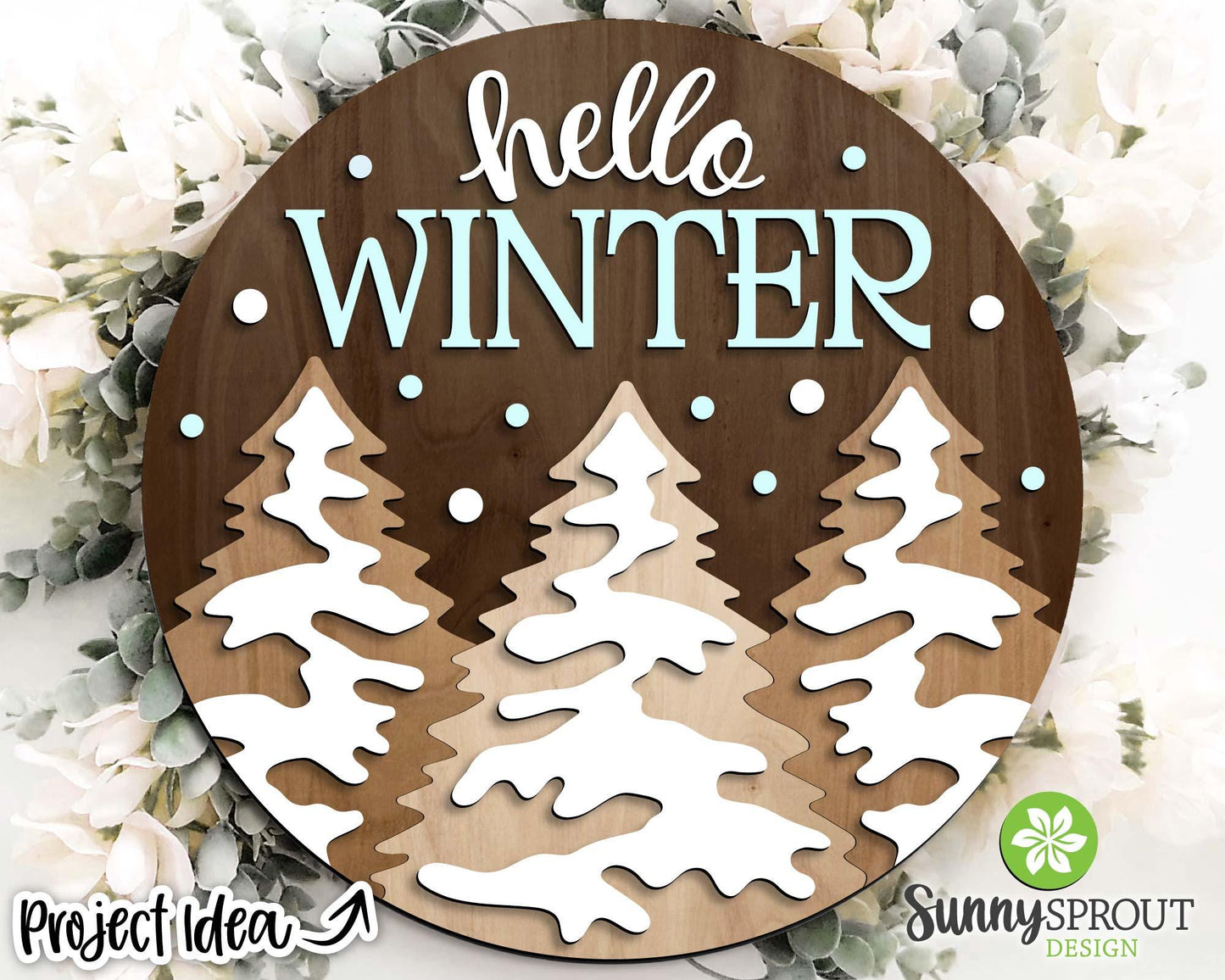 Hello Winter Snowy Pine Trees Sign, Round door hanger svg, Glowforge laser cut file, Cricut, Winter decor, Christmas svg