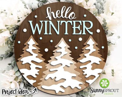 Hello Winter Snowy Pine Trees Sign, Round door hanger svg, Glowforge laser cut file, Cricut, Winter decor, Christmas svg
