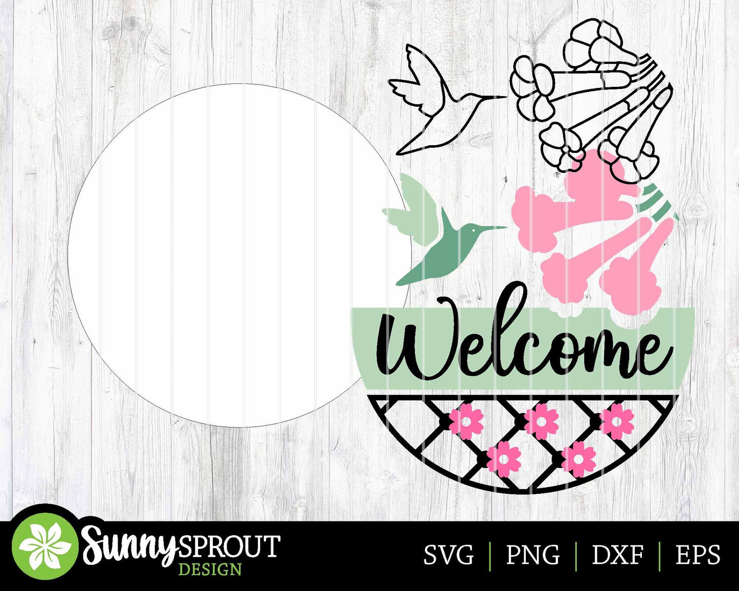 Welcome Hummingbird Flower Sign, Digital download, SVG Laser cut file, Cricut, Round door hanger design, Spring summer decor