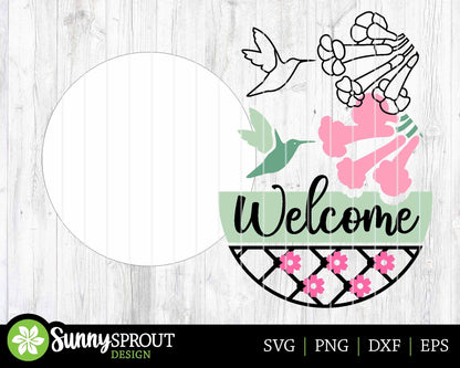 Welcome Hummingbird Flower Sign, Digital download, SVG Laser cut file, Cricut, Round door hanger design, Spring summer decor