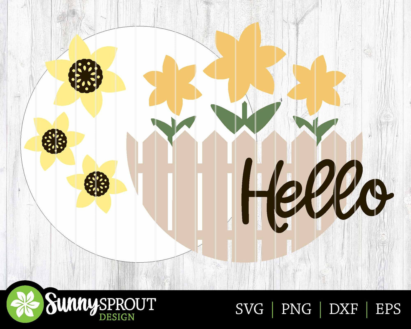Hello Picket Fence Sunflowers Sign, Digital Download, SVG Laser Cut File, Cricut, Summer Fall Round Door Hanger Design