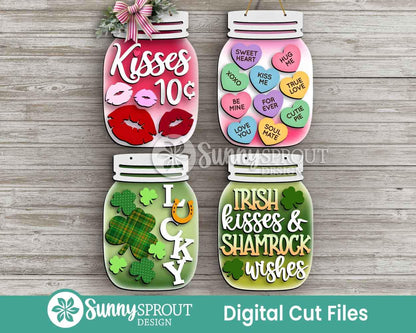 Valentine & St. Patrick Day Mason Jar Sign Bundle, Door hanger svg, Glowforge laser file, Cricut, Spring welcome sign svg