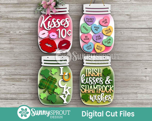Valentine & St. Patrick Day Mason Jar Sign Bundle, Door hanger svg, Glowforge laser file, Cricut, Spring welcome sign svg