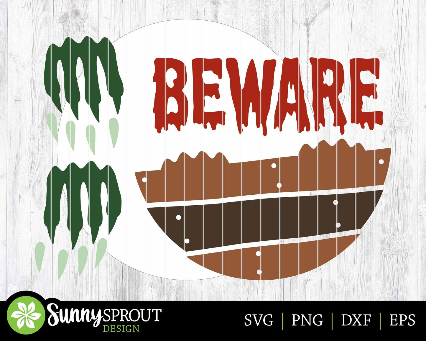 Beware Monster Claws Sign, Digital Download, SVG Laser Cut File, Cricut, Round Spooky Halloween Door Hanger Design