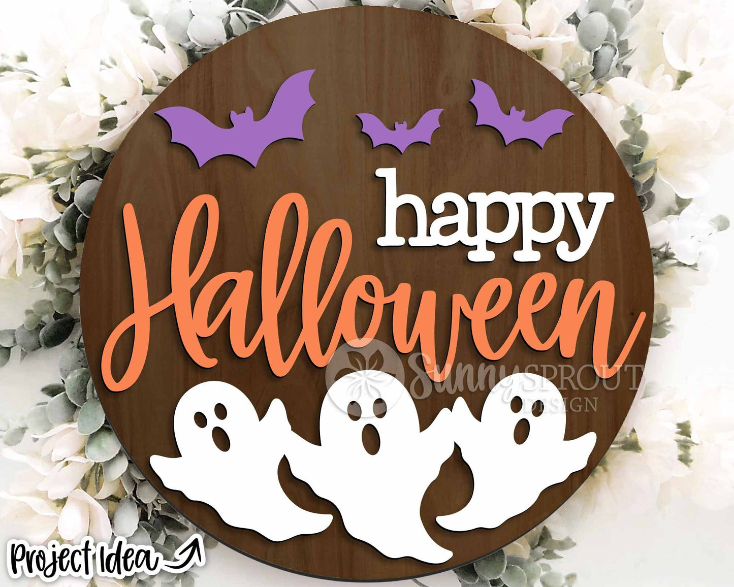 Happy Halloween Ghosts and Bats Sign, Digital Download, SVG Laser Cut File, Cricut, Round Door Hanger Design