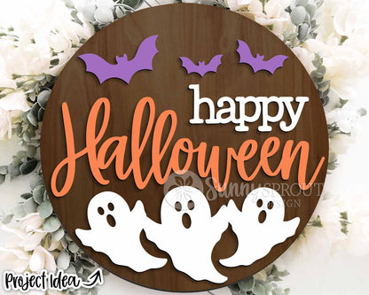 Happy Halloween Ghosts and Bats Sign, Digital Download, SVG Laser Cut File, Cricut, Round Door Hanger Design