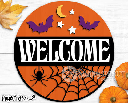 Welcome Spider Web Bats Sign, Digital Download, SVG Laser Cut File, Cricut, Round Halloween Door Hanger Design