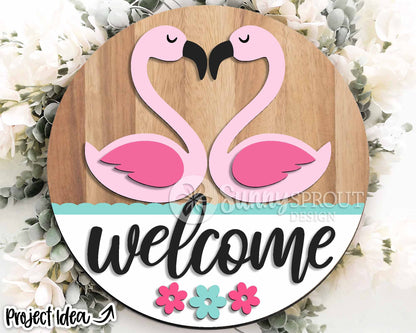Welcome Flamingo Love Sign, Digital Download, SVG Laser Cut File, Cricut, Summer Round Door Hanger Design