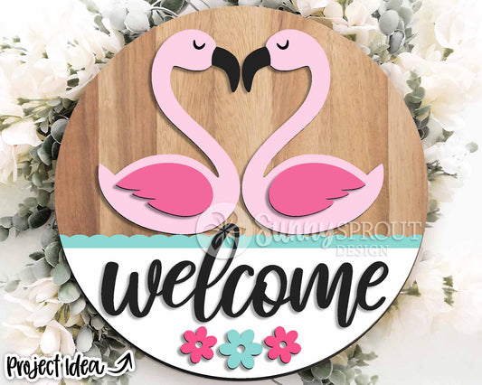 Welcome Flamingo Love Sign, Digital Download, SVG Laser Cut File, Cricut, Summer Round Door Hanger Design